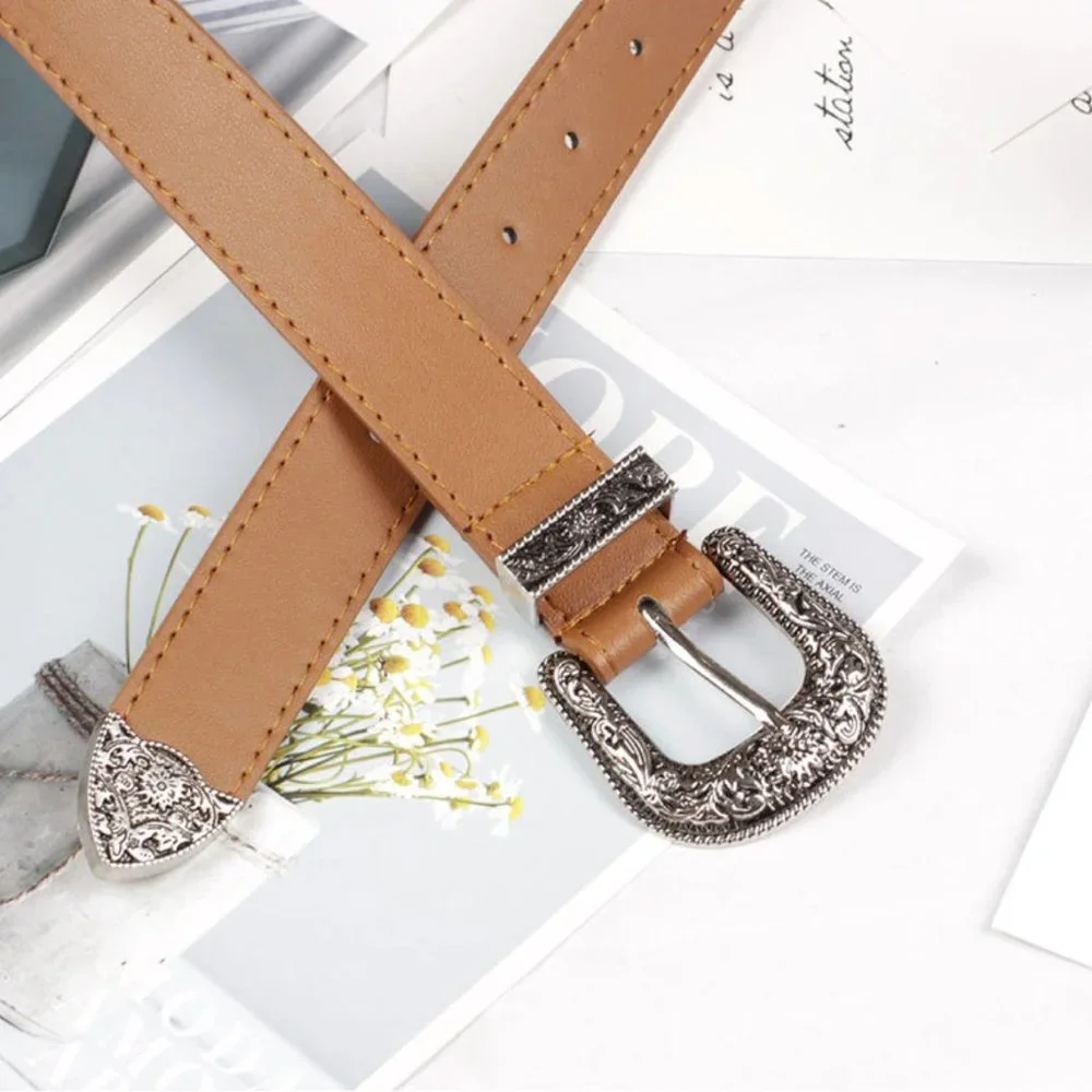 Western Belt Vintage Vegan Leather Camel Brown - Picture 7 of 8